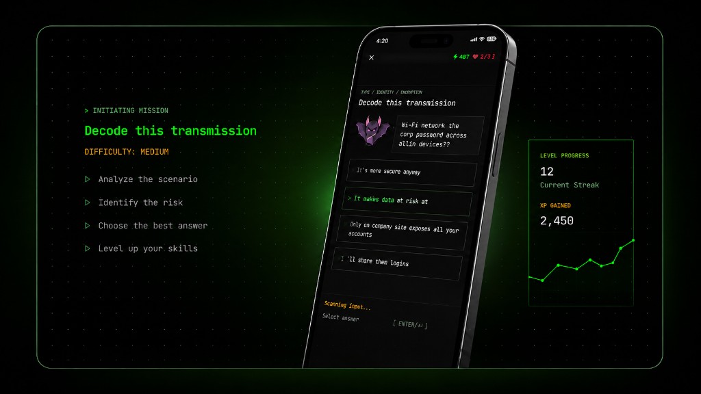 Blackbat cybersecurity app showing a daily mission, answer choices, and an XP progress panel.